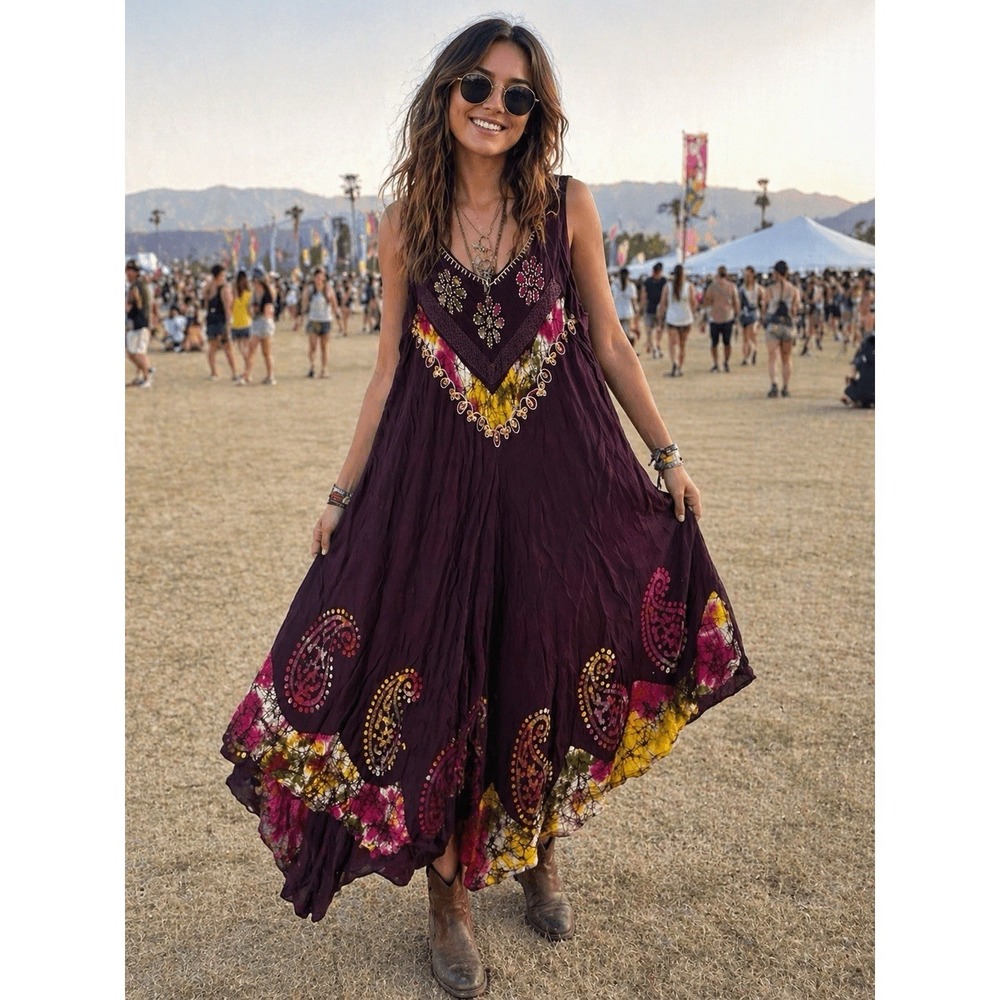 VTG Shoreline Boho Dress One Size Purple Paisley Handkerchief Hem Festival Flowy